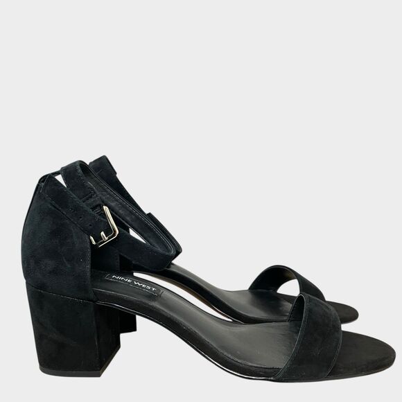 Nine West Open Toe Pumps 11M Black Suede Heels Ankle Strap Frostbite - Picture 12 of 13